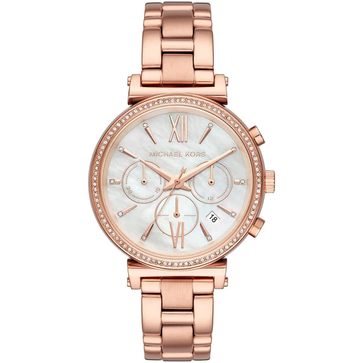 Front view of Michael Kors Sofie MK6576 women's rose gold chronograph watch