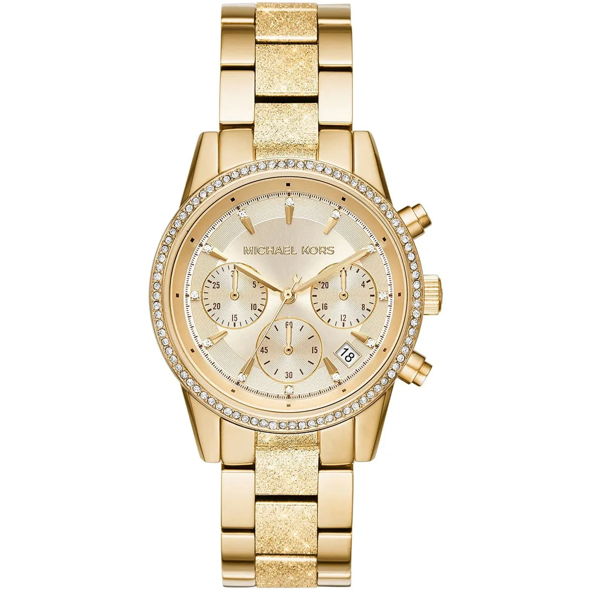 Front view of Michael Kors Ritz MK6597 women's gold chronograph watch