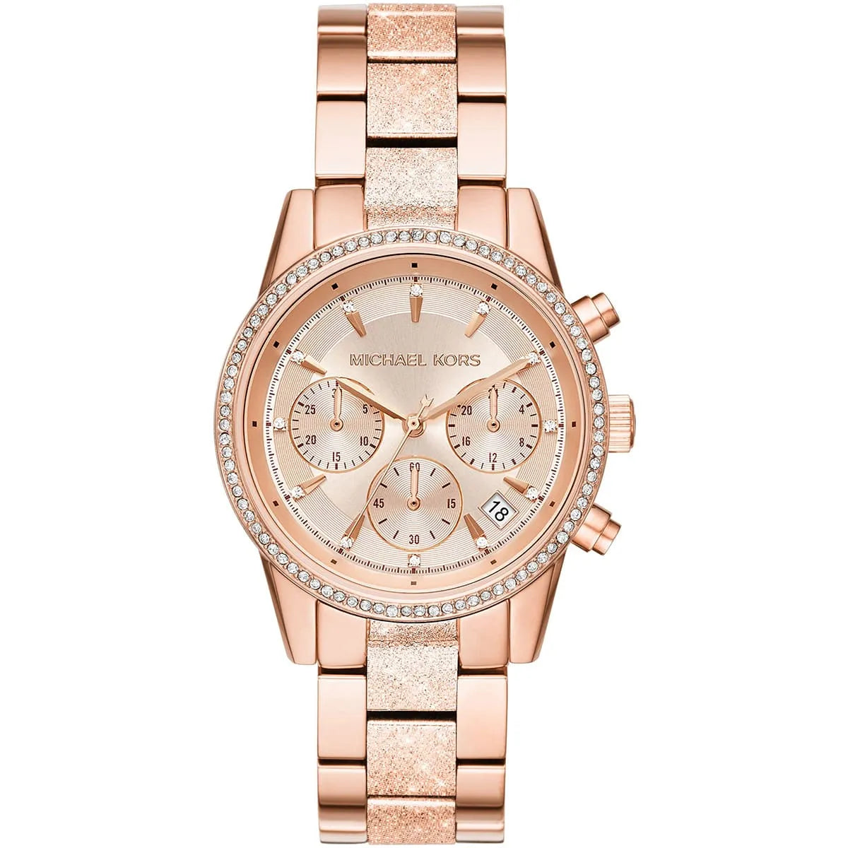 Front view of Michael Kors Ritz MK6598 women's rose gold chronograph watch