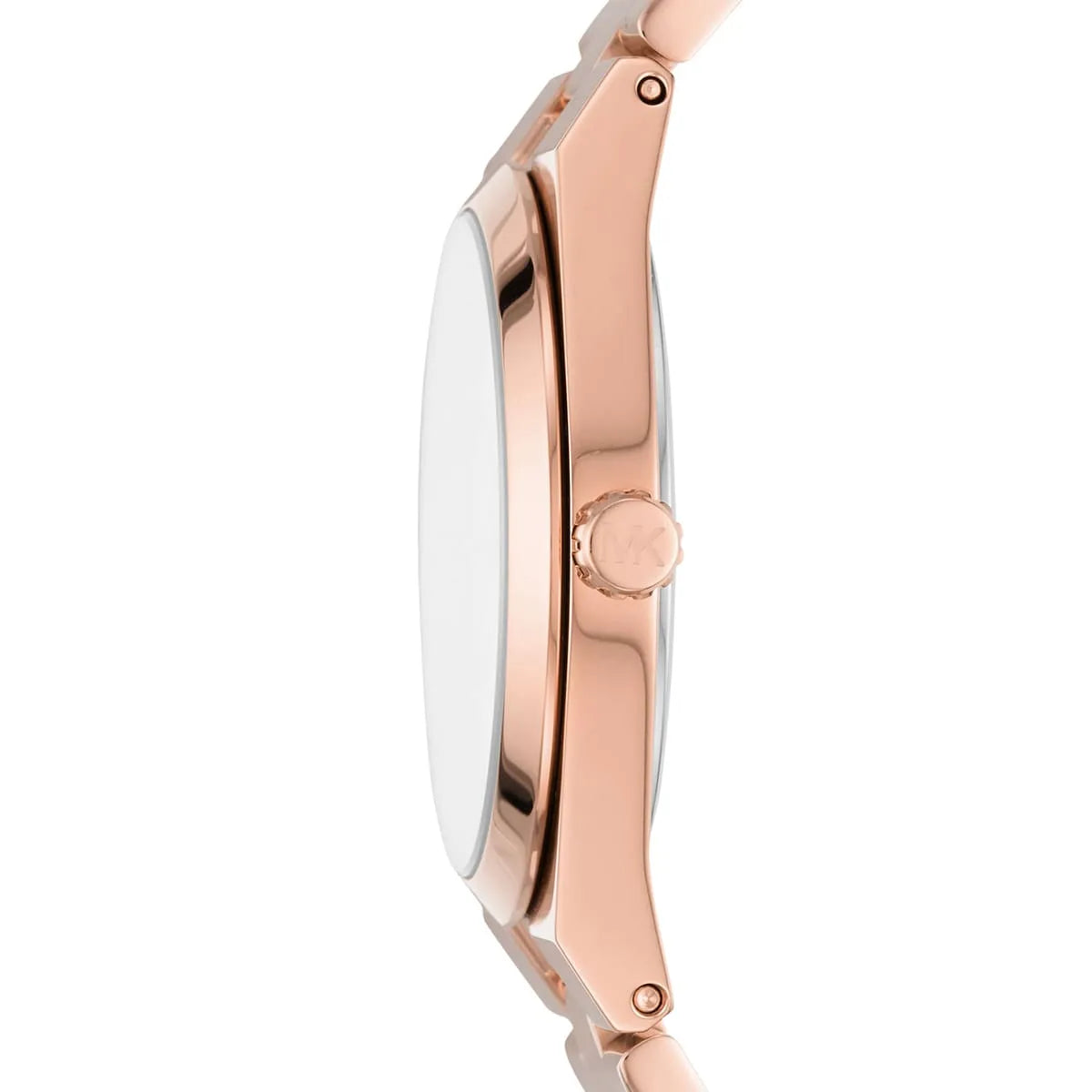 Side view of Michael Kors Channing MK6624 rose gold stainless steel bracelet watch