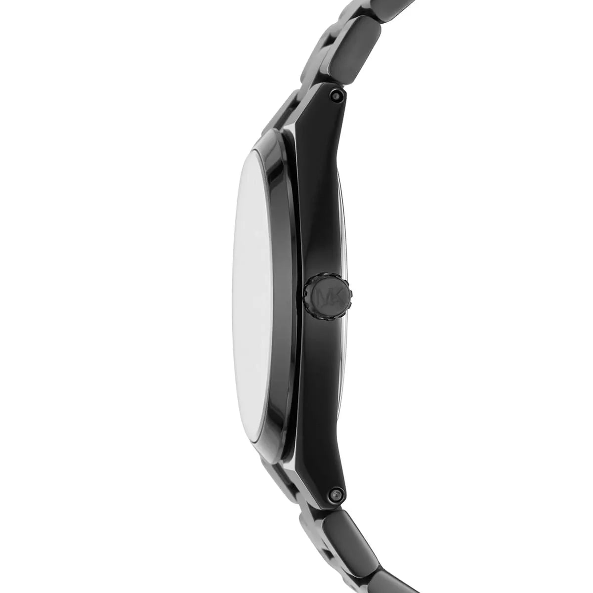 Side view of Michael Kors Channing MK6625 black stainless steel bracelet watch