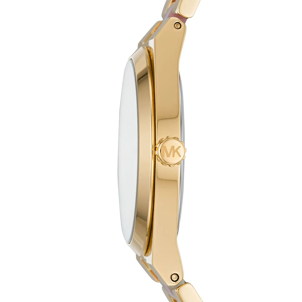 Side profile of Michael Kors Channing MK6650 pink and gold women's watch