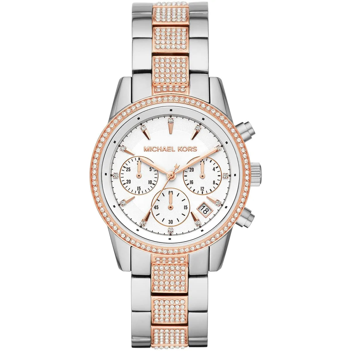 Michael Kors Ritz MK6651 women's silver and rose gold stainless steel chronograph watch front view