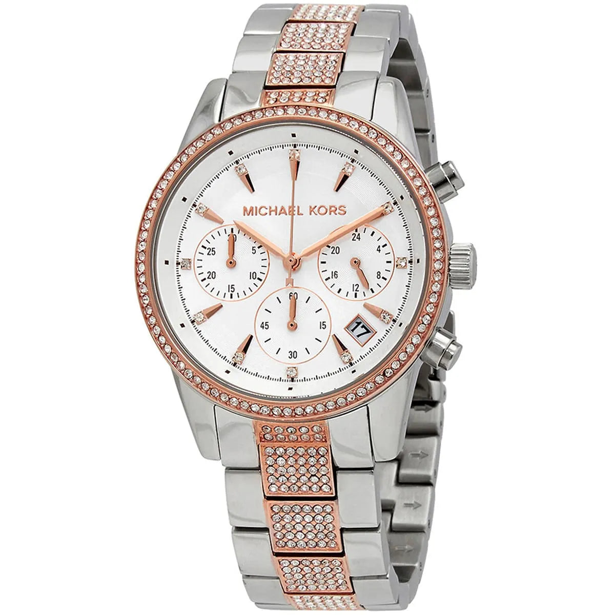 Close-up of Michael Kors MK6651 silver dial with stopwatch and monthly date display