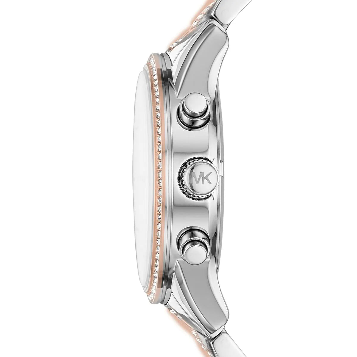 Side profile of Michael Kors Ritz MK6651 silver and rose gold stainless steel bracelet watch