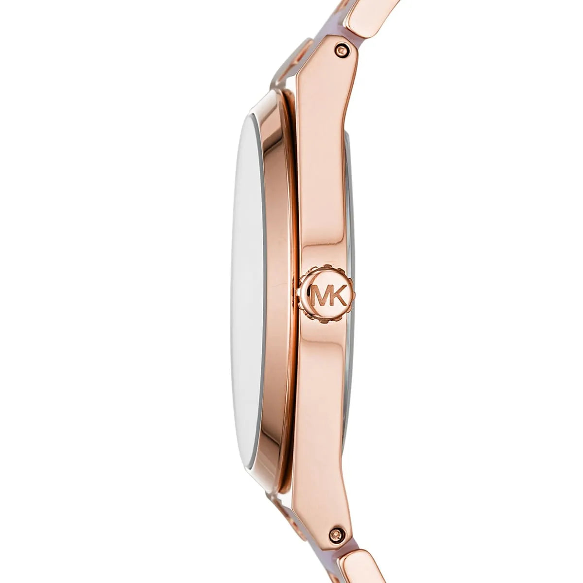 Side profile of Michael Kors Channing MK6652 pink and rose gold multi-material strap watch