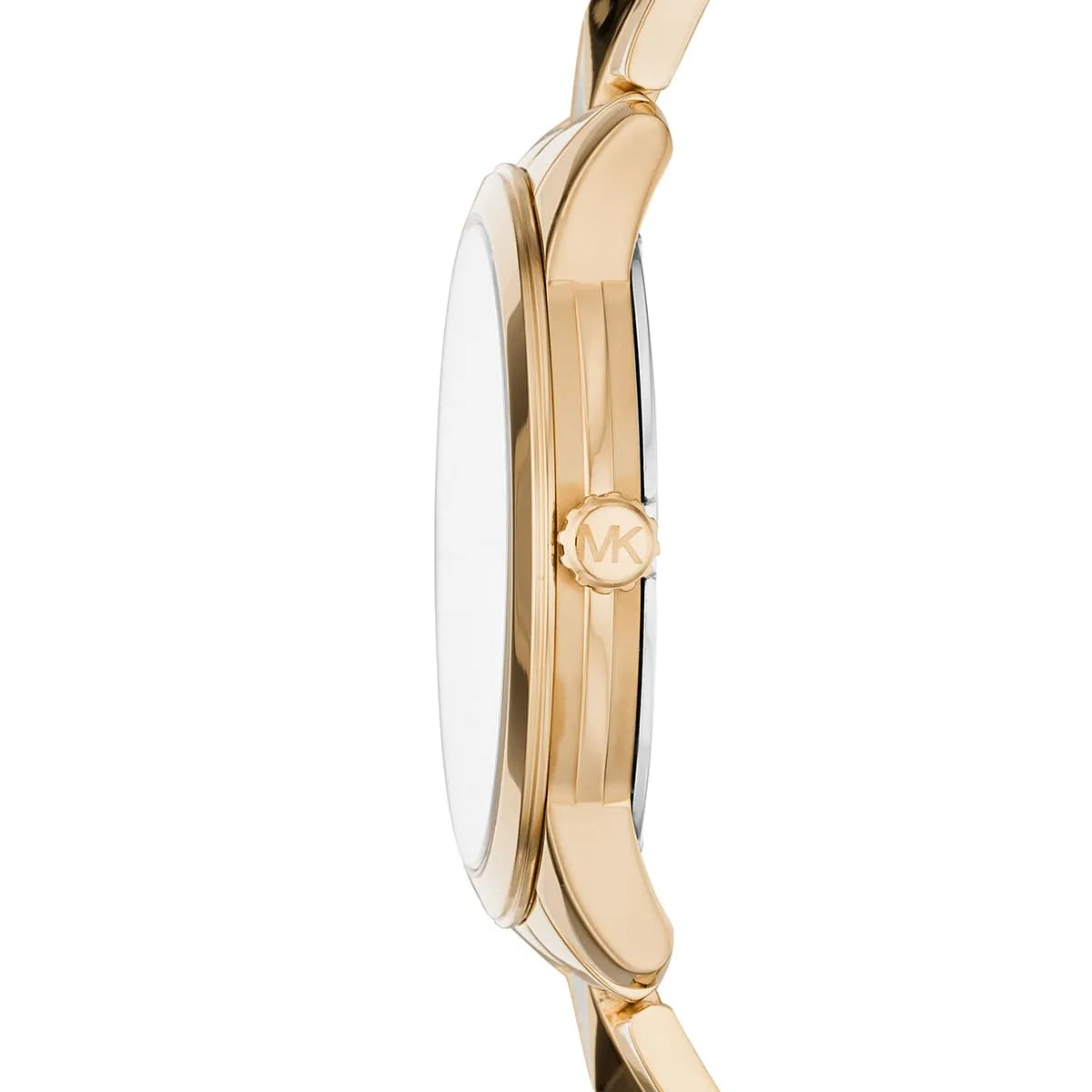 Side profile of Michael Kors Runway MK6673 blue and gold stainless steel bracelet watch