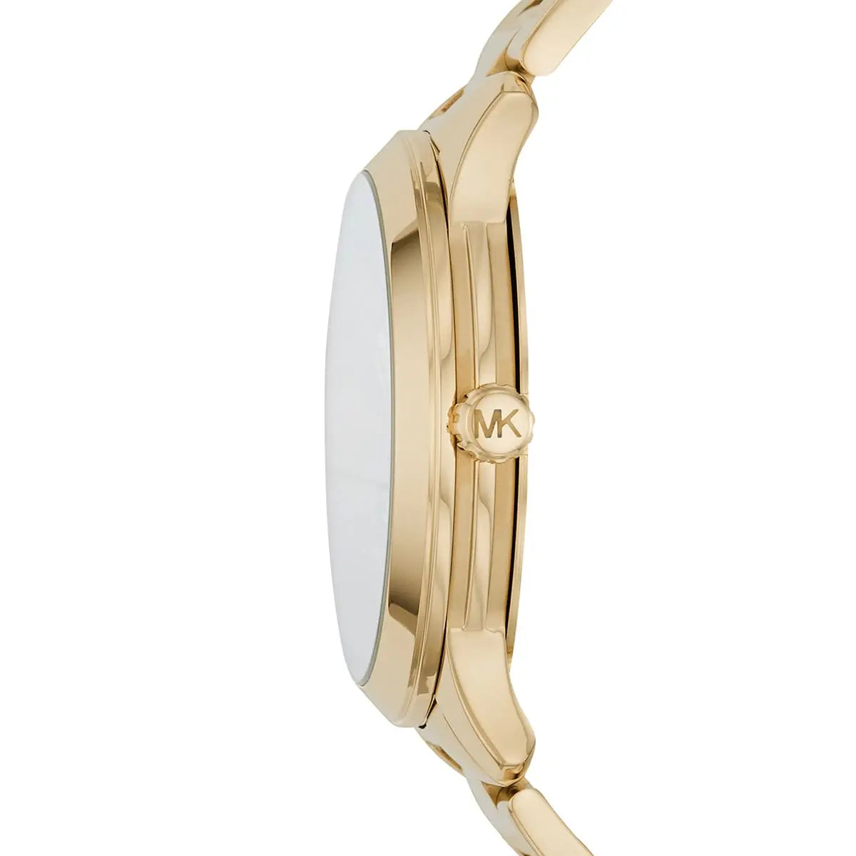 Side profile of Michael Kors Runway MK6682 gold stainless steel bracelet watch