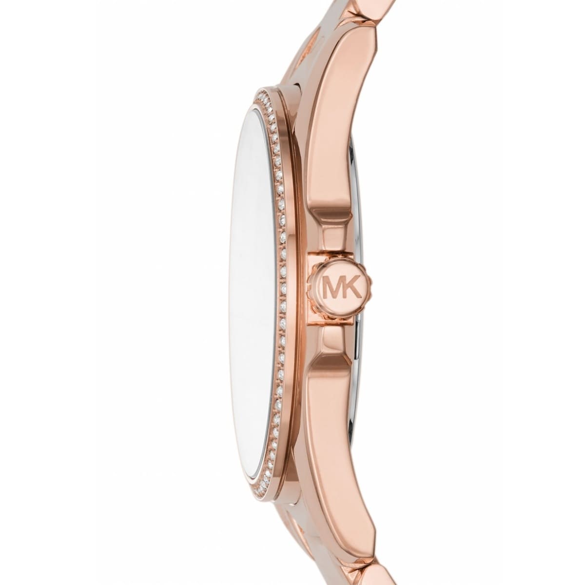 Side profile of Michael Kors Whitney MK6694 rose gold stainless steel bracelet watch