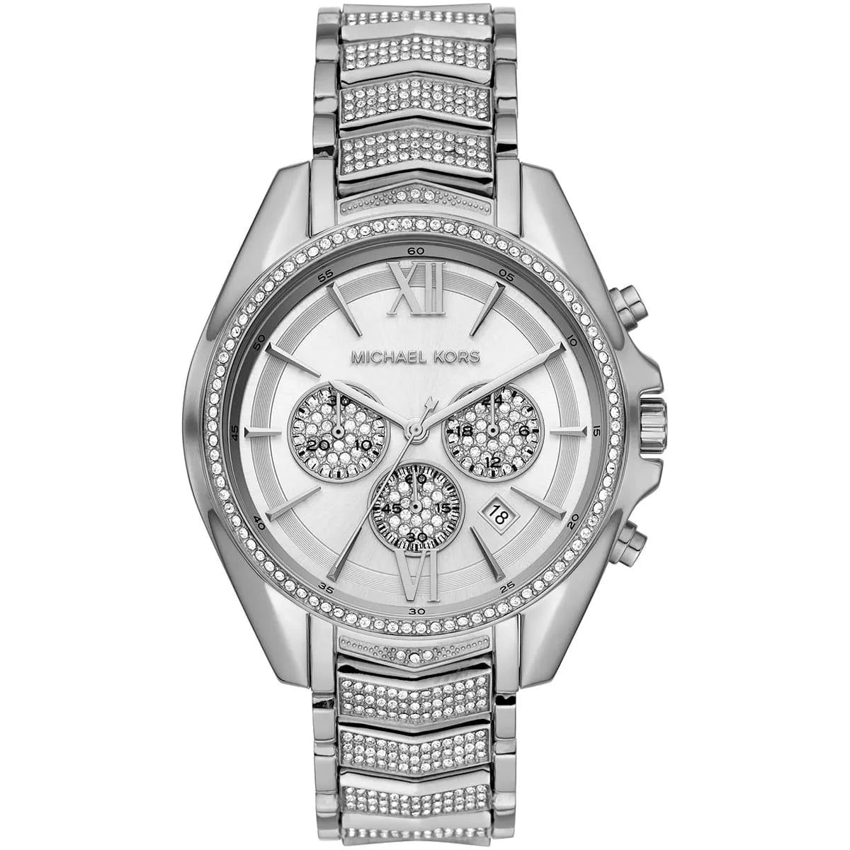 Michael Kors Whitney MK6728 women's silver chronograph dial stainless steel watch front view