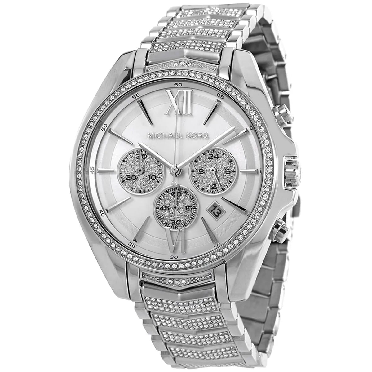 Close-up of Michael Kors MK6728 silver chronograph dial with silver stainless steel bracelet