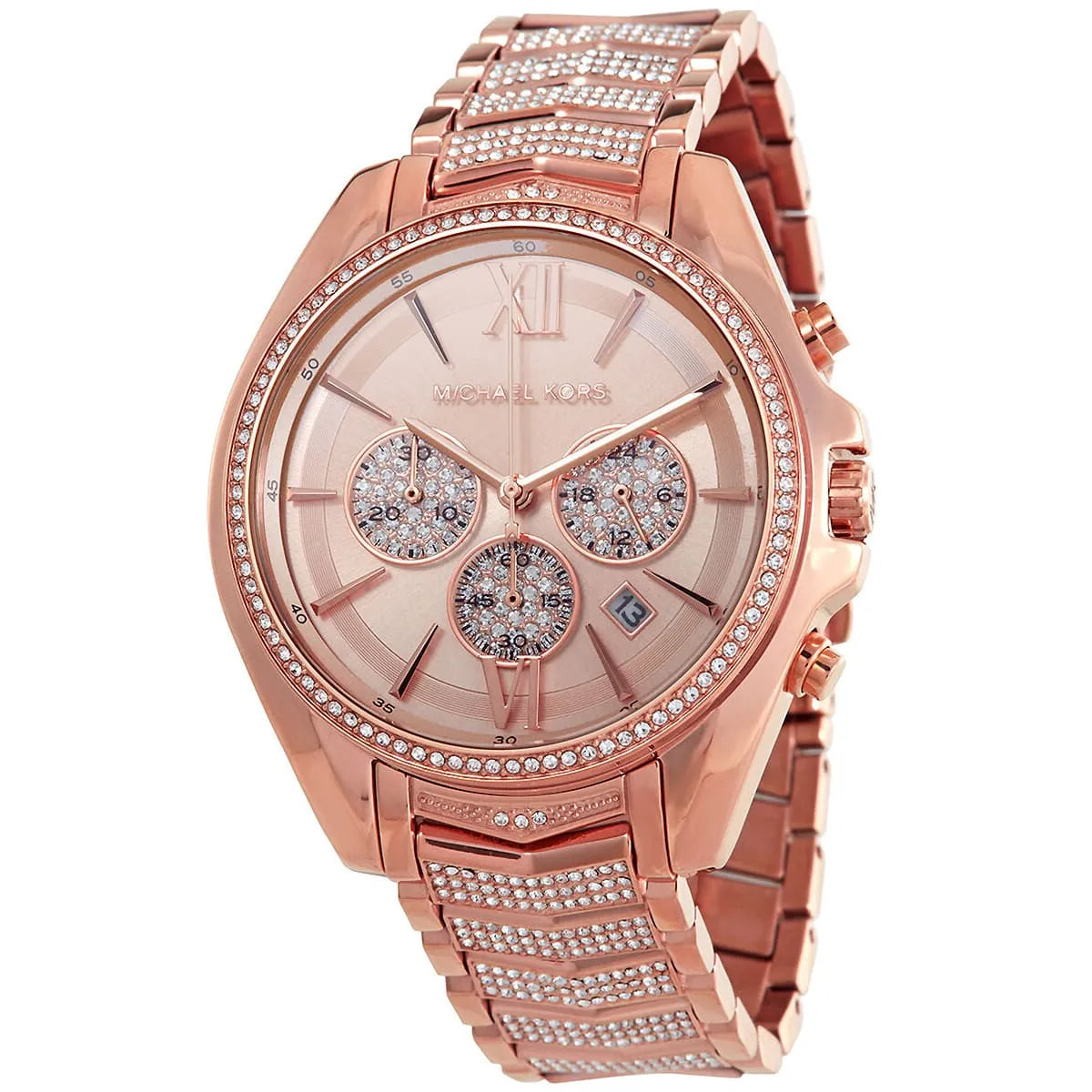 Close-up of Michael Kors MK6730 rose gold chronograph dial with rose gold stainless steel bracelet