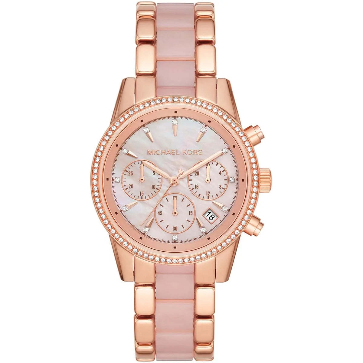 Michael Kors Ritz MK6769 women's rose gold chronograph dial pink and rose gold watch front view