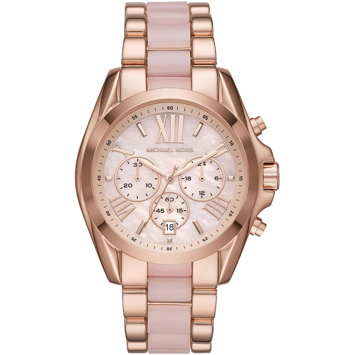 Michael Kors Bradshaw MK6830 women's pink chronograph dial pink and rose gold watch front view