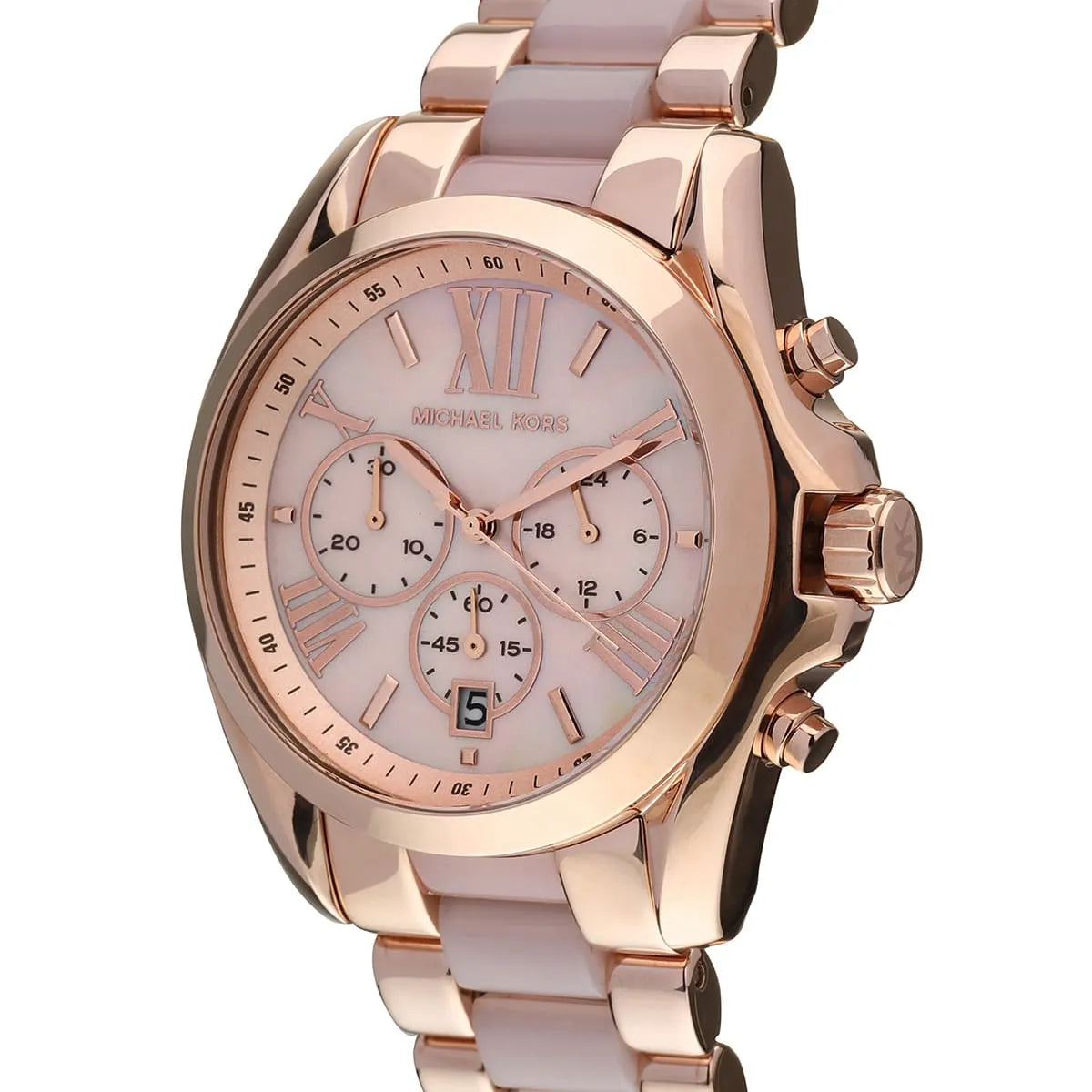 Close-up of Michael Kors MK6830 pink chronograph dial with pink and rose gold bracelet