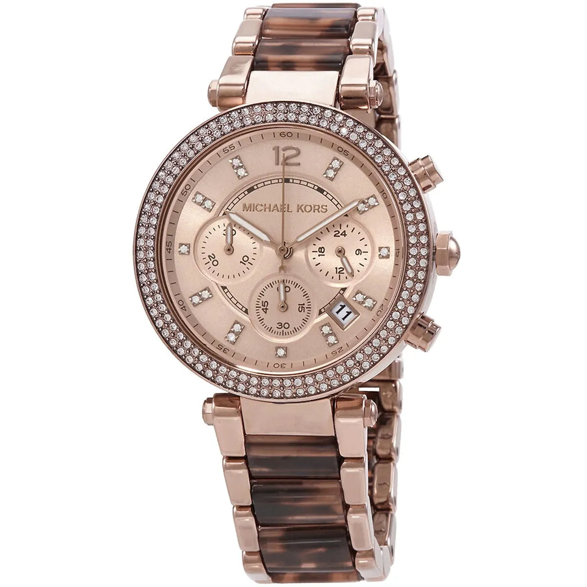 Close-up of Michael Kors MK6832 gold chronograph dial with gold and brown bracelet