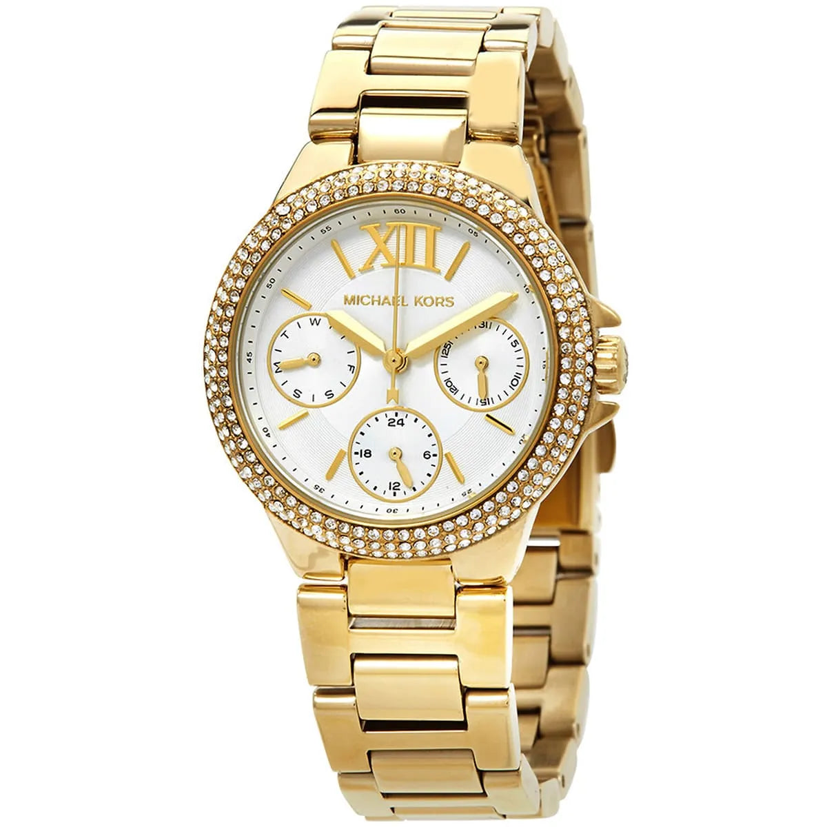 Close-up of Michael Kors MK6844 white analog dial with gold bracelet