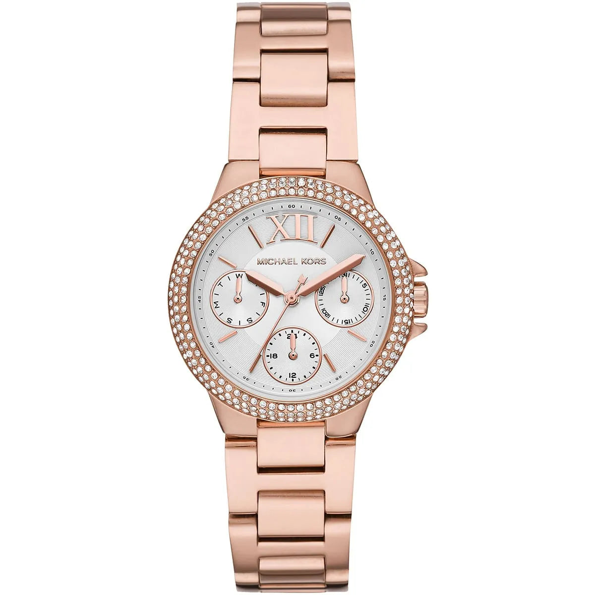 Michael Kors Camille MK6845 women's white dial rose gold stainless steel watch front view