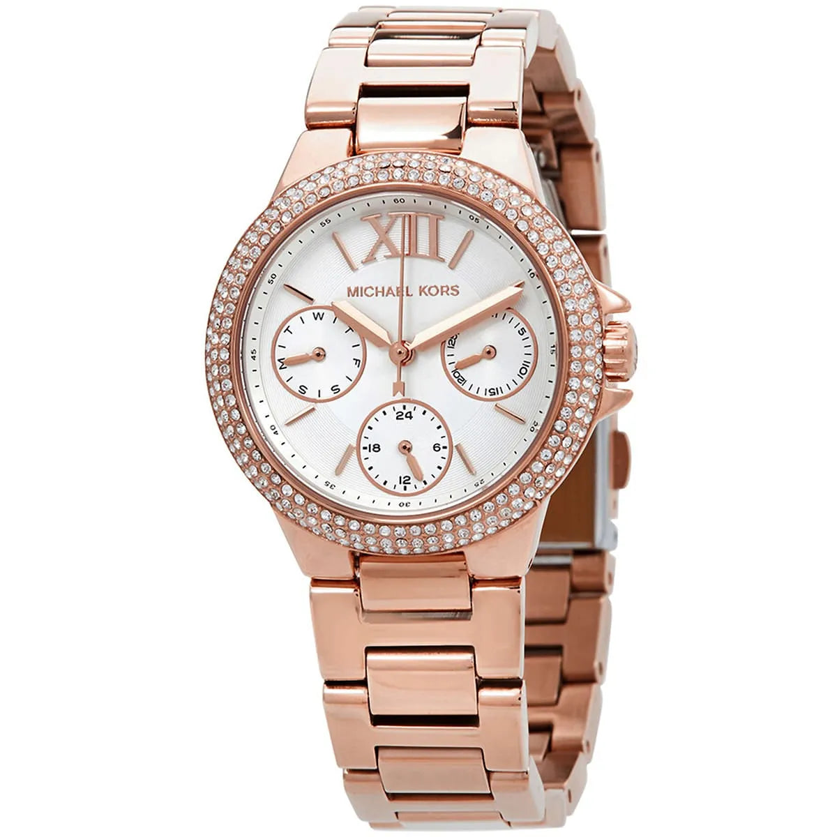 Close-up of Michael Kors MK6845 white analog dial with rose gold bracelet
