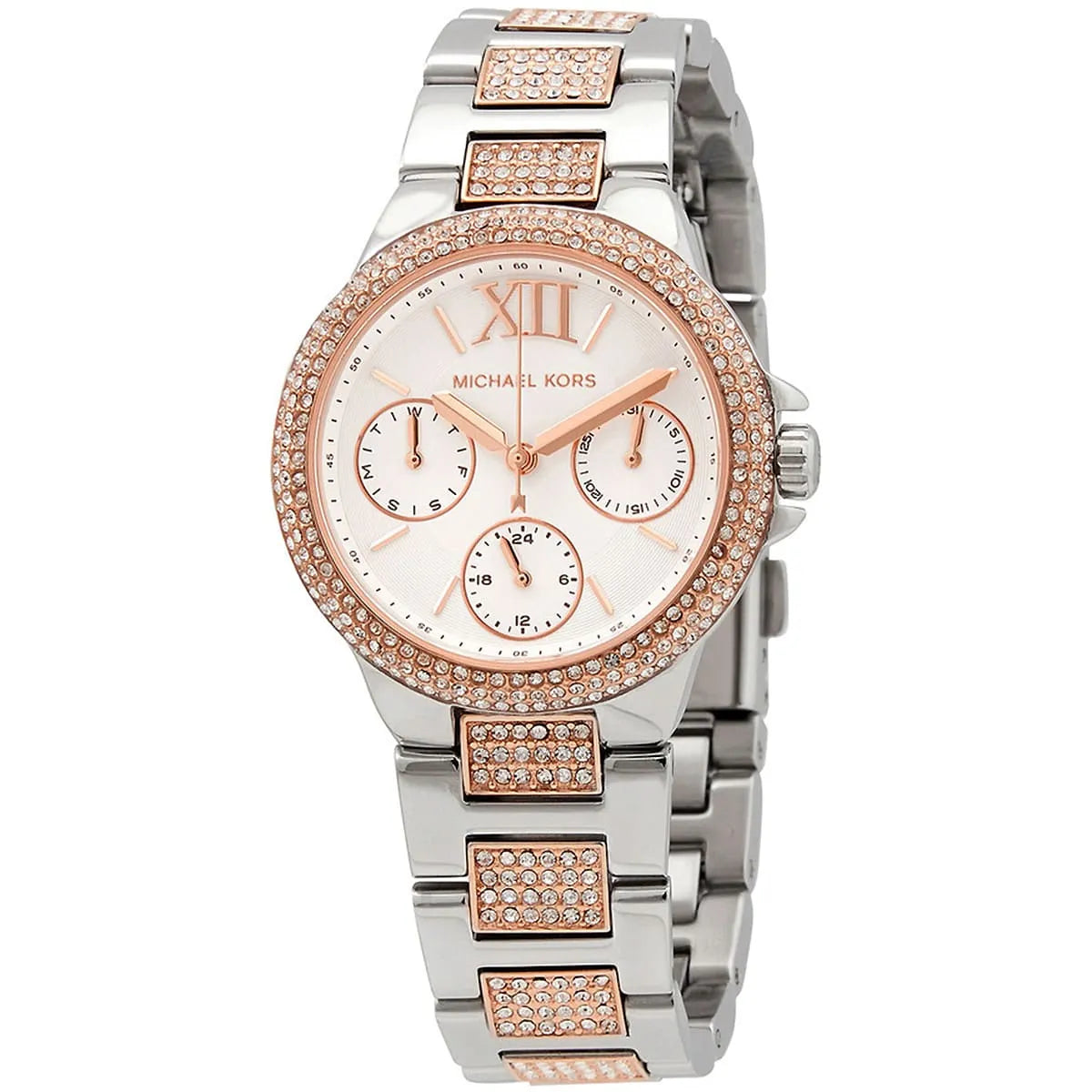 Close-up of Michael Kors MK6846 silver analog dial with silver and rose gold bracelet