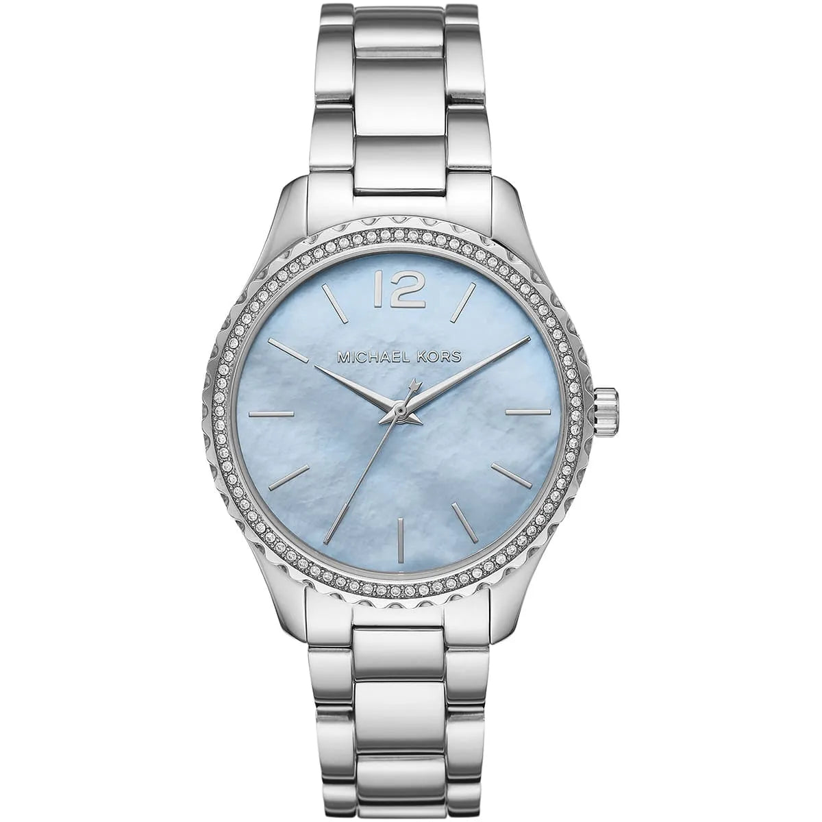 Michael Kors Layton MK6847 women's blue dial silver stainless steel watch front view