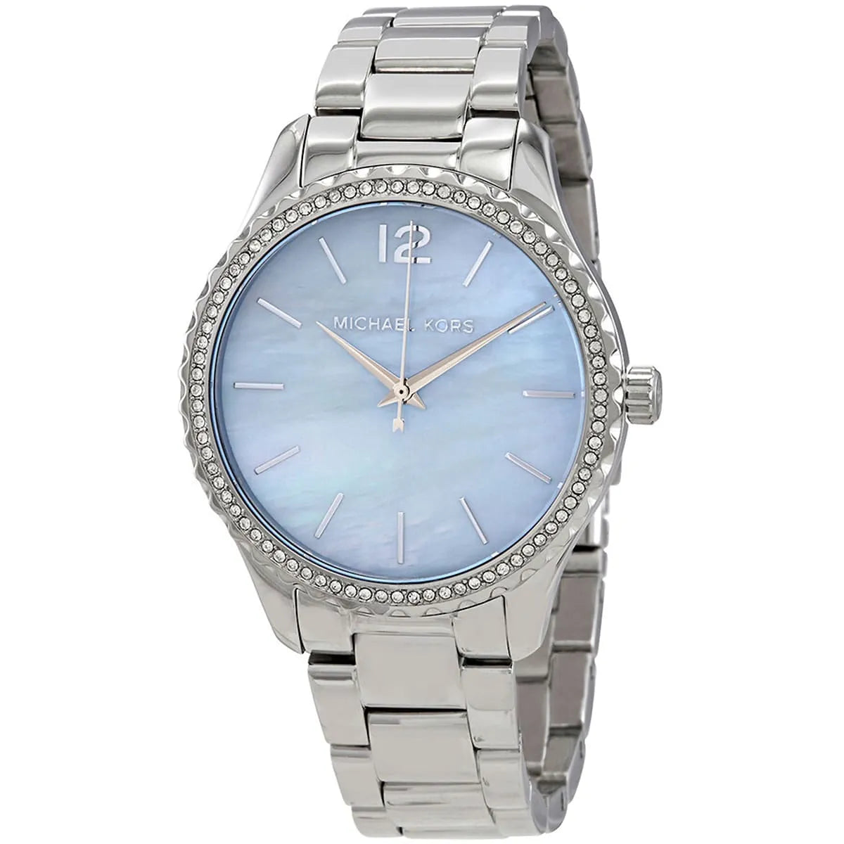 Close-up of Michael Kors MK6847 blue analog dial with silver bracelet