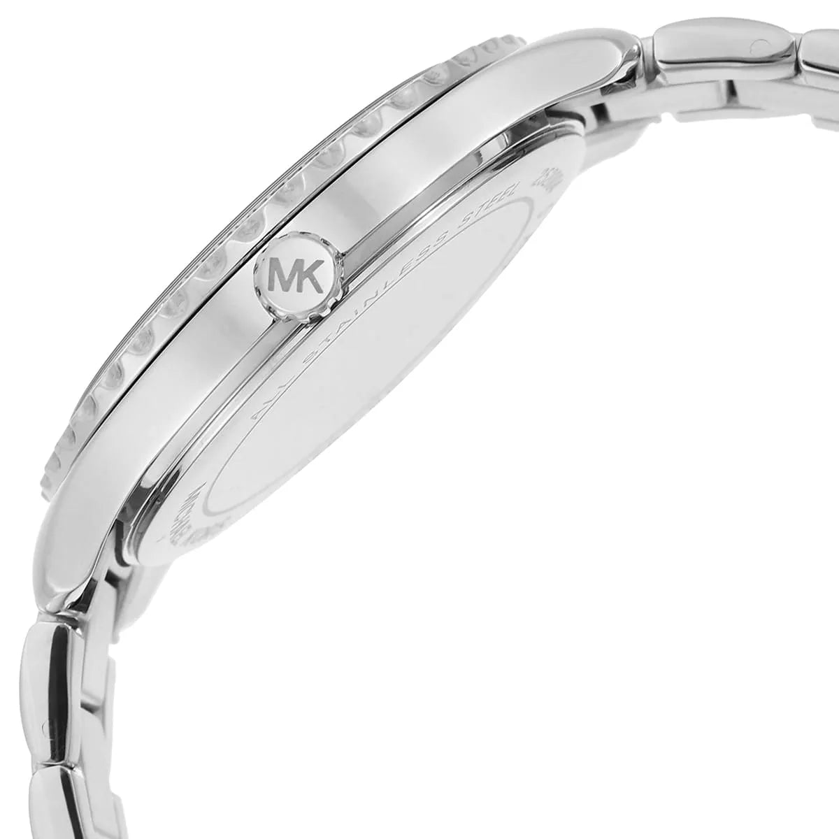 Side profile of Michael Kors Layton MK6847 silver stainless steel watch