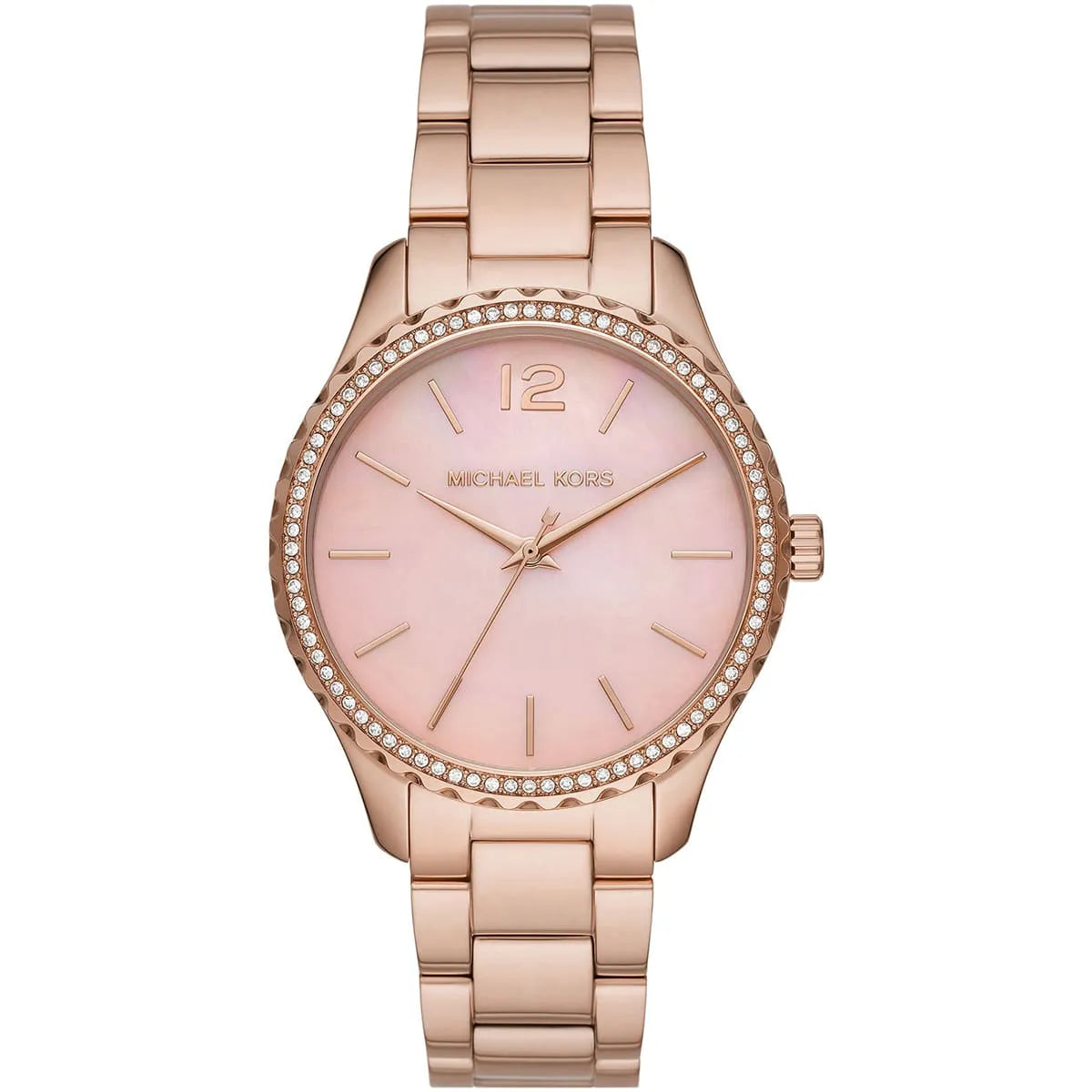 Michael Kors Layton MK6848 women's pink dial rose gold stainless steel watch front view