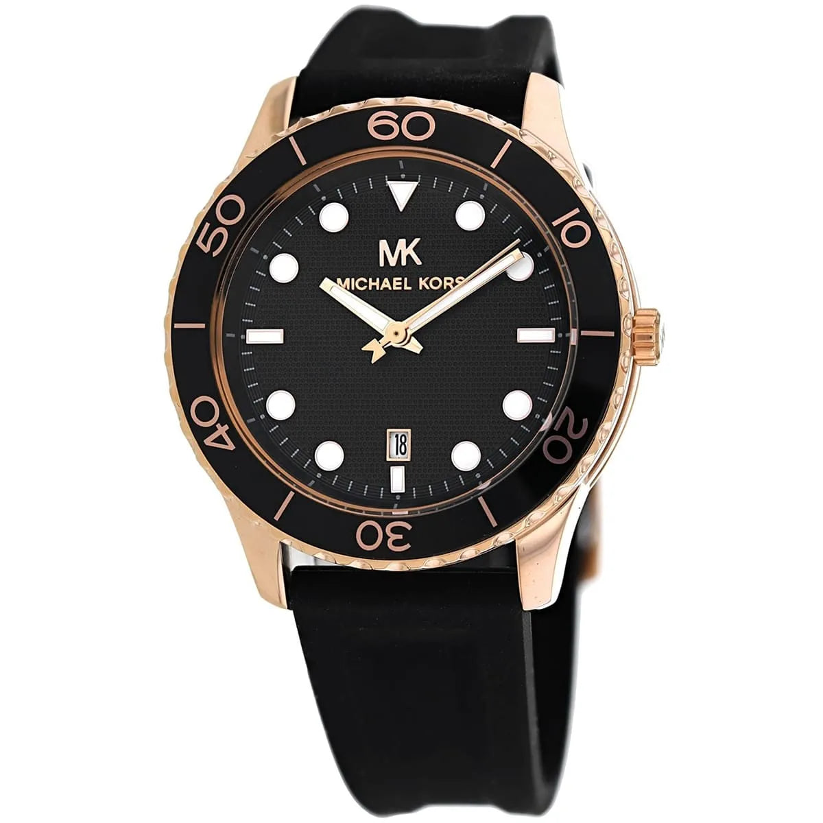 Close-up of Michael Kors MK6852 black analog dial with black rubber strap