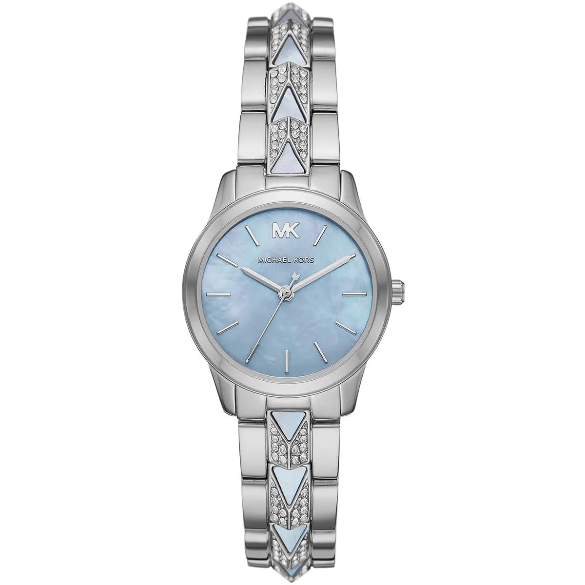 Michael Kors Runway MK6857 women's blue dial silver and blue stainless steel watch front view