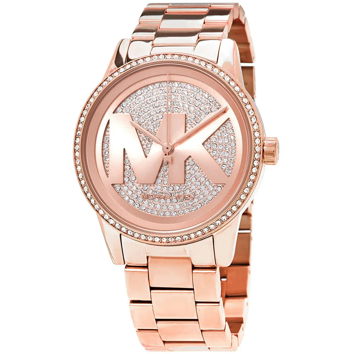 Close-up of Michael Kors MK6863 rose gold analog dial with rose gold bracelet