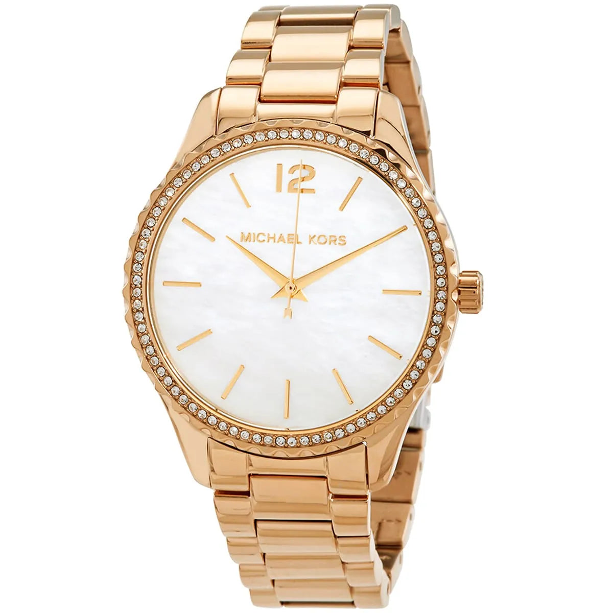 Close-up of Michael Kors MK6870 white analog dial with gold bracelet