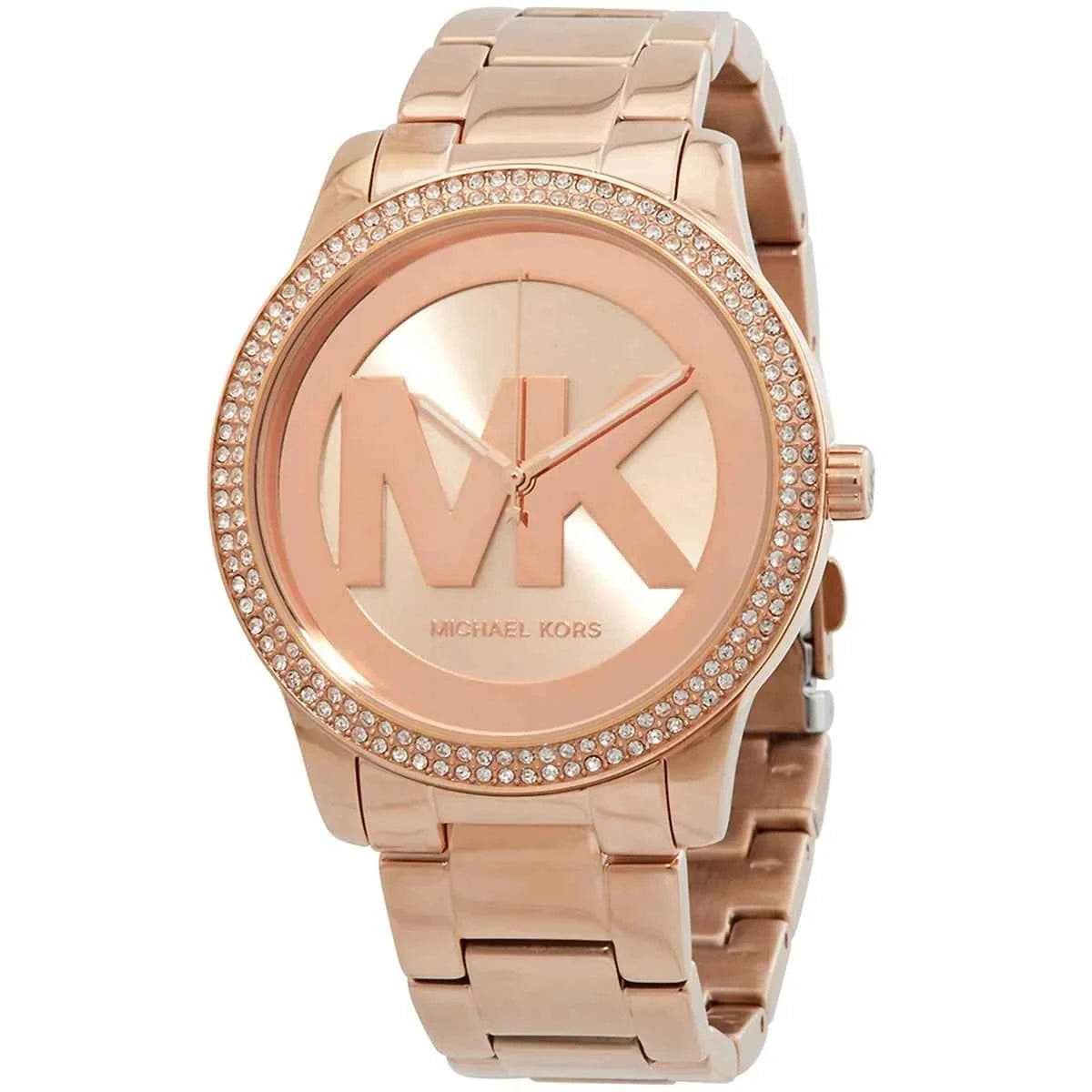 Close-up of Michael Kors MK6880 rose gold analog dial with rose gold bracelet