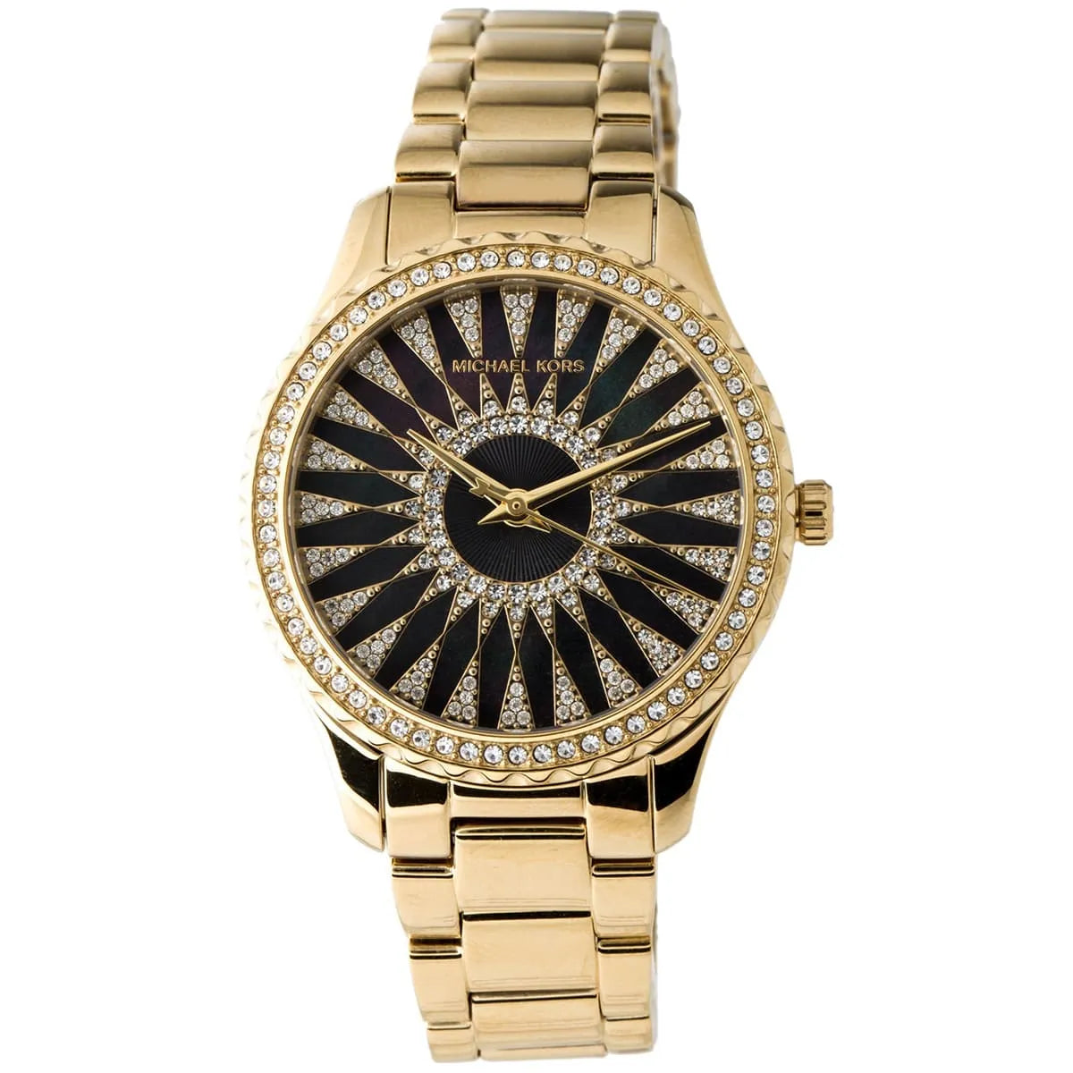 Close-up of Michael Kors MK6892 black analog dial with gold bracelet