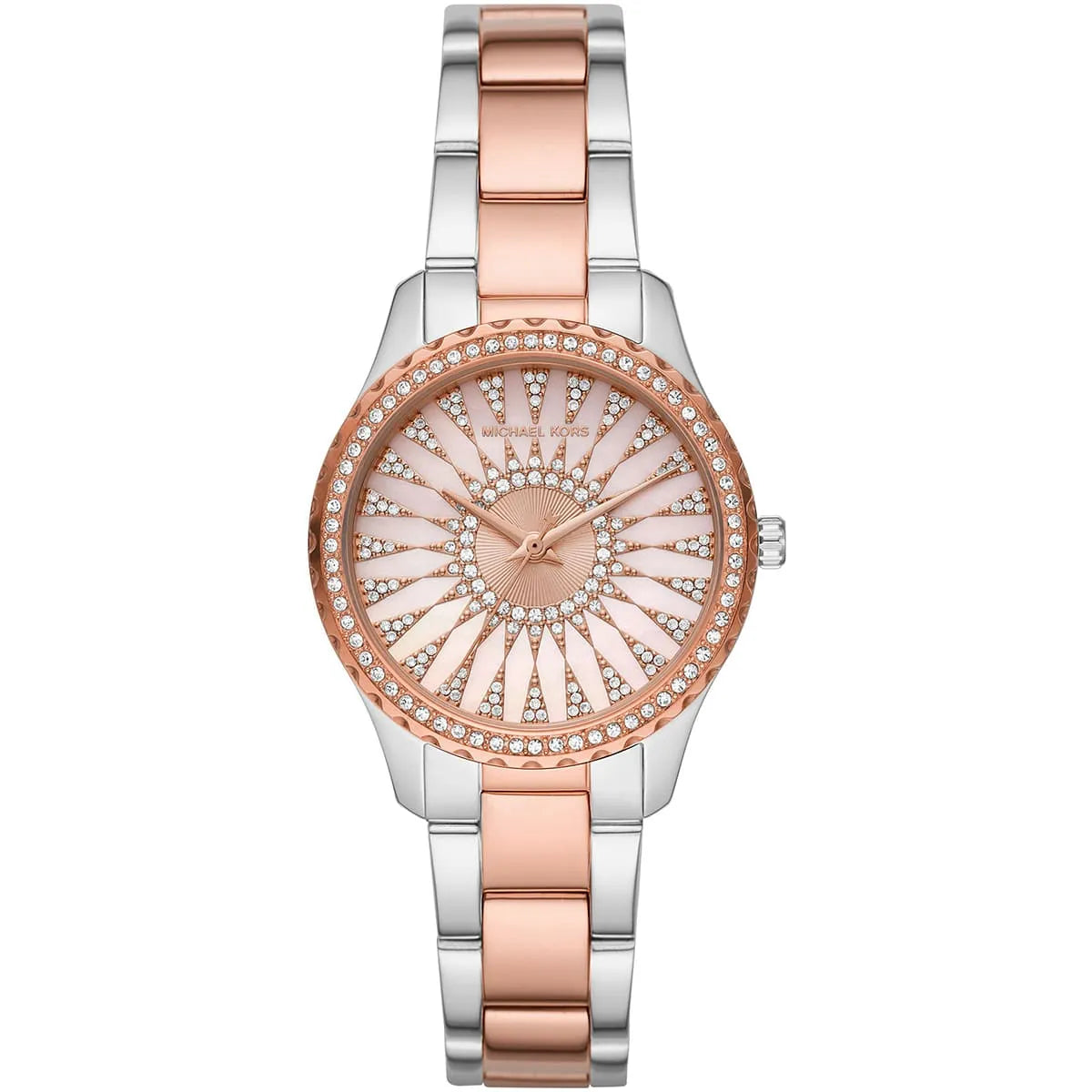 Michael Kors Layton MK6894 women's pink dial silver and rose gold stainless steel watch front view