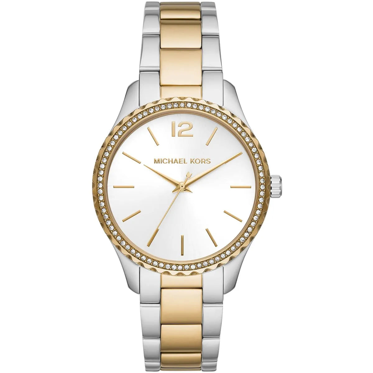 Michael Kors Layton MK6899 women's white dial silver and gold stainless steel watch front view