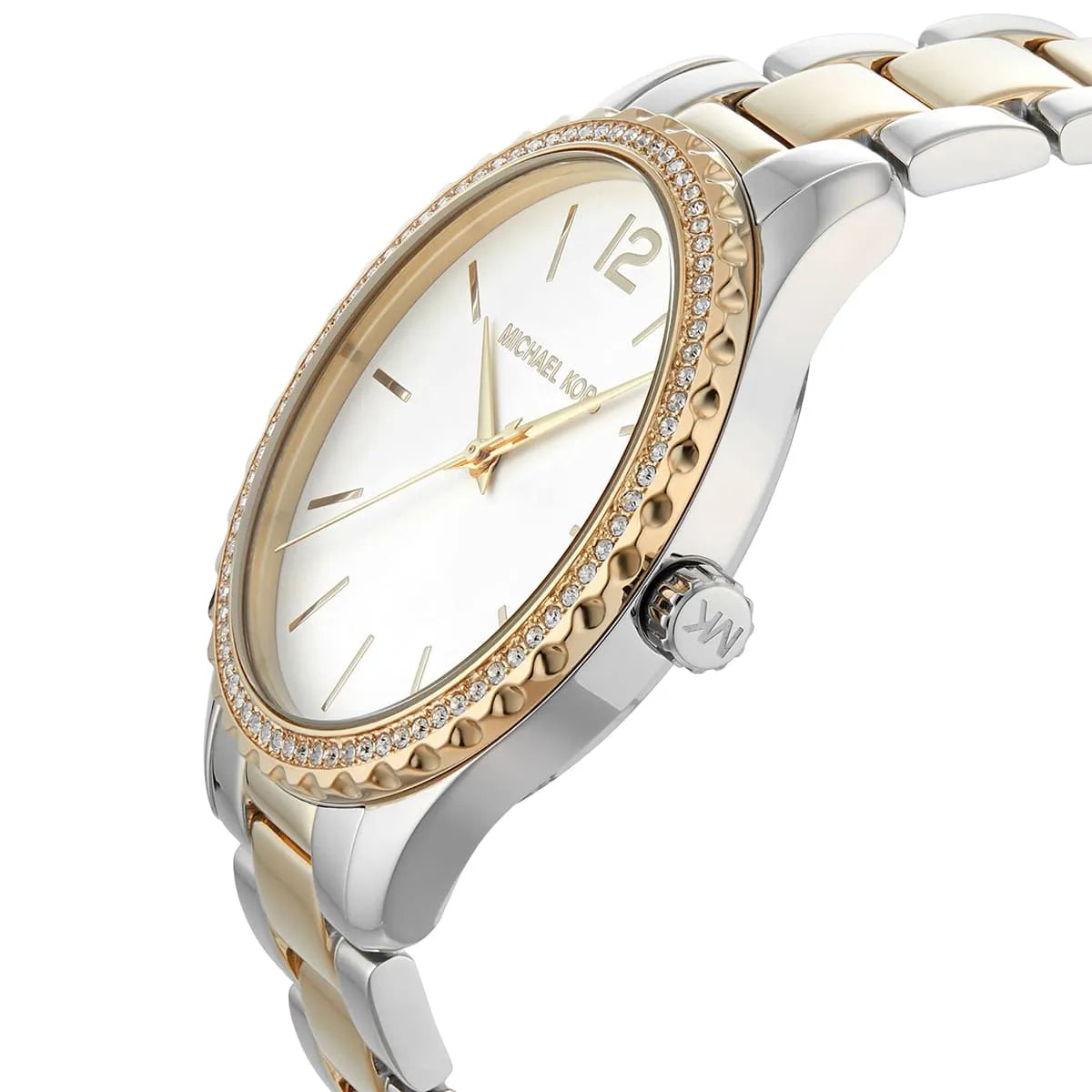 Close-up of Michael Kors MK6899 white analog dial with silver and gold bracelet