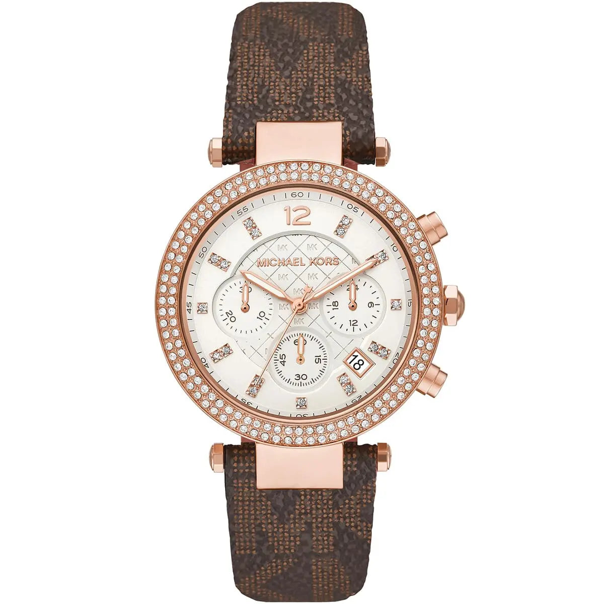 Michael Kors Parker MK6917 women's white dial brown polyurethane strap watch front view