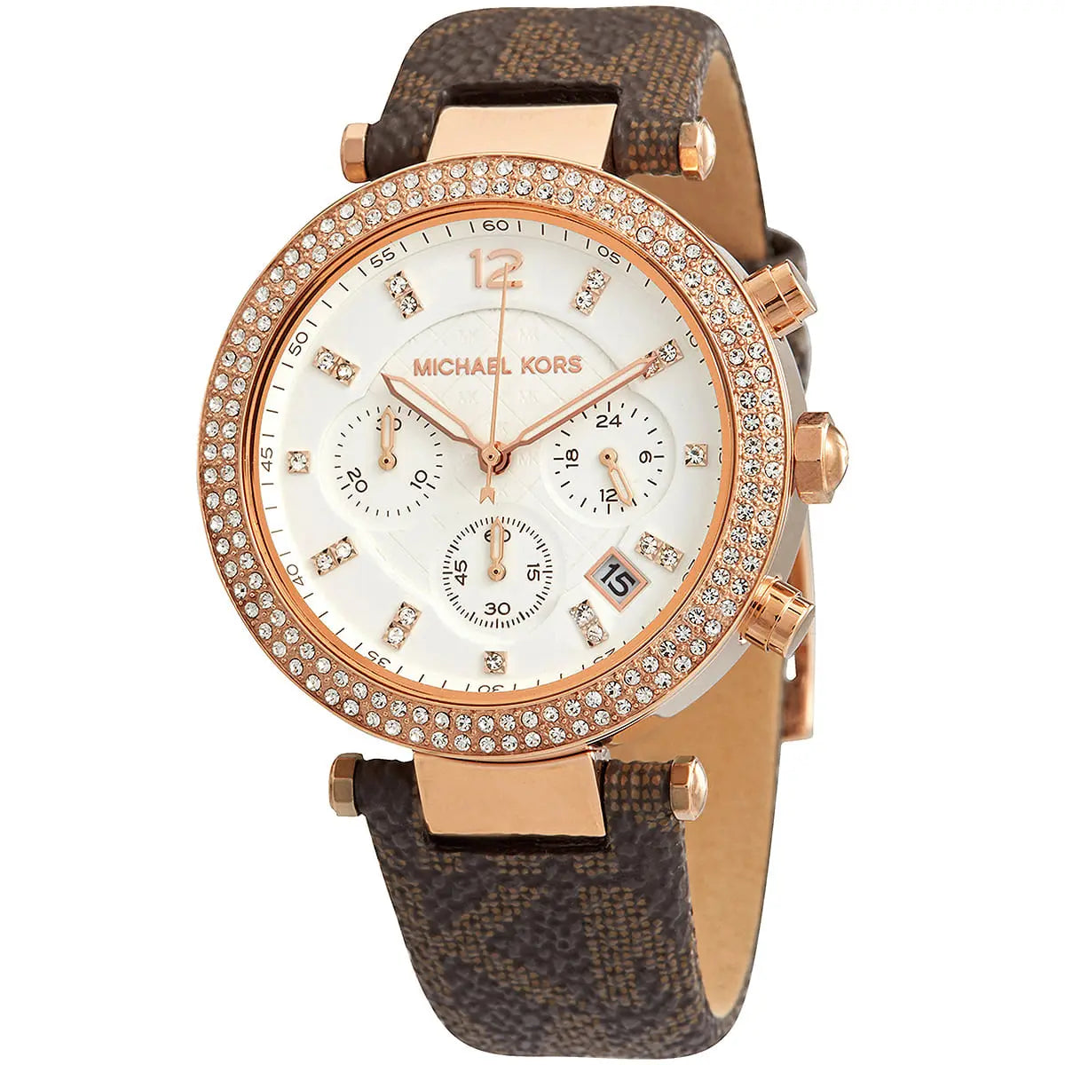 Close-up of Michael Kors MK6917 white chronograph dial with brown strap