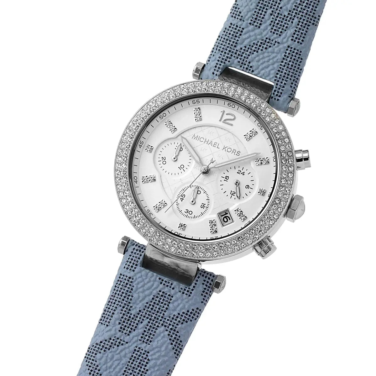 Close-up of Michael Kors MK6936 white chronograph dial with blue strap