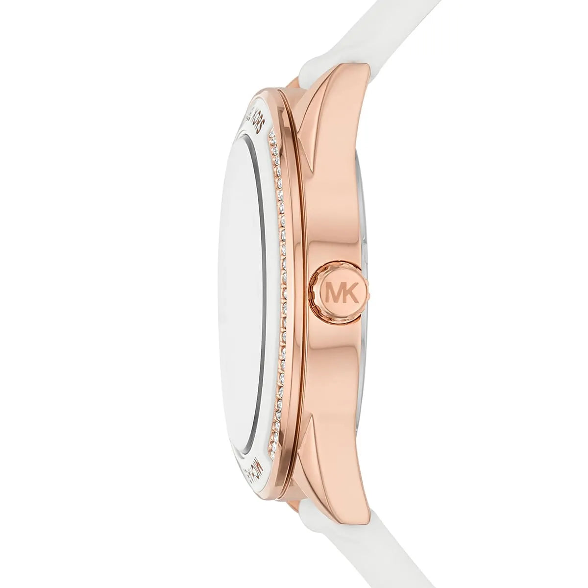 Side profile of Michael Kors Jessa MK6945 white silicone strap watch