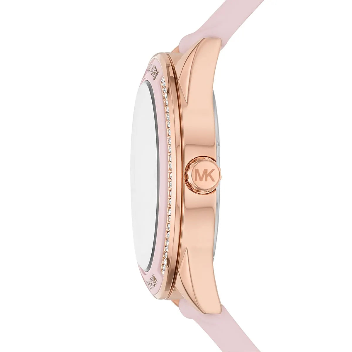 Side profile of Michael Kors Jessa MK6946 pink leather strap watch