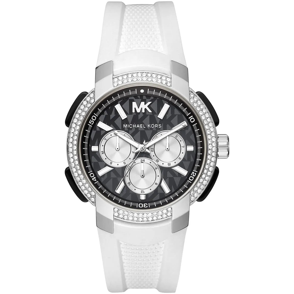 Michael Kors Sidney MK6947 women's black dial white silicone rubber watch front view
