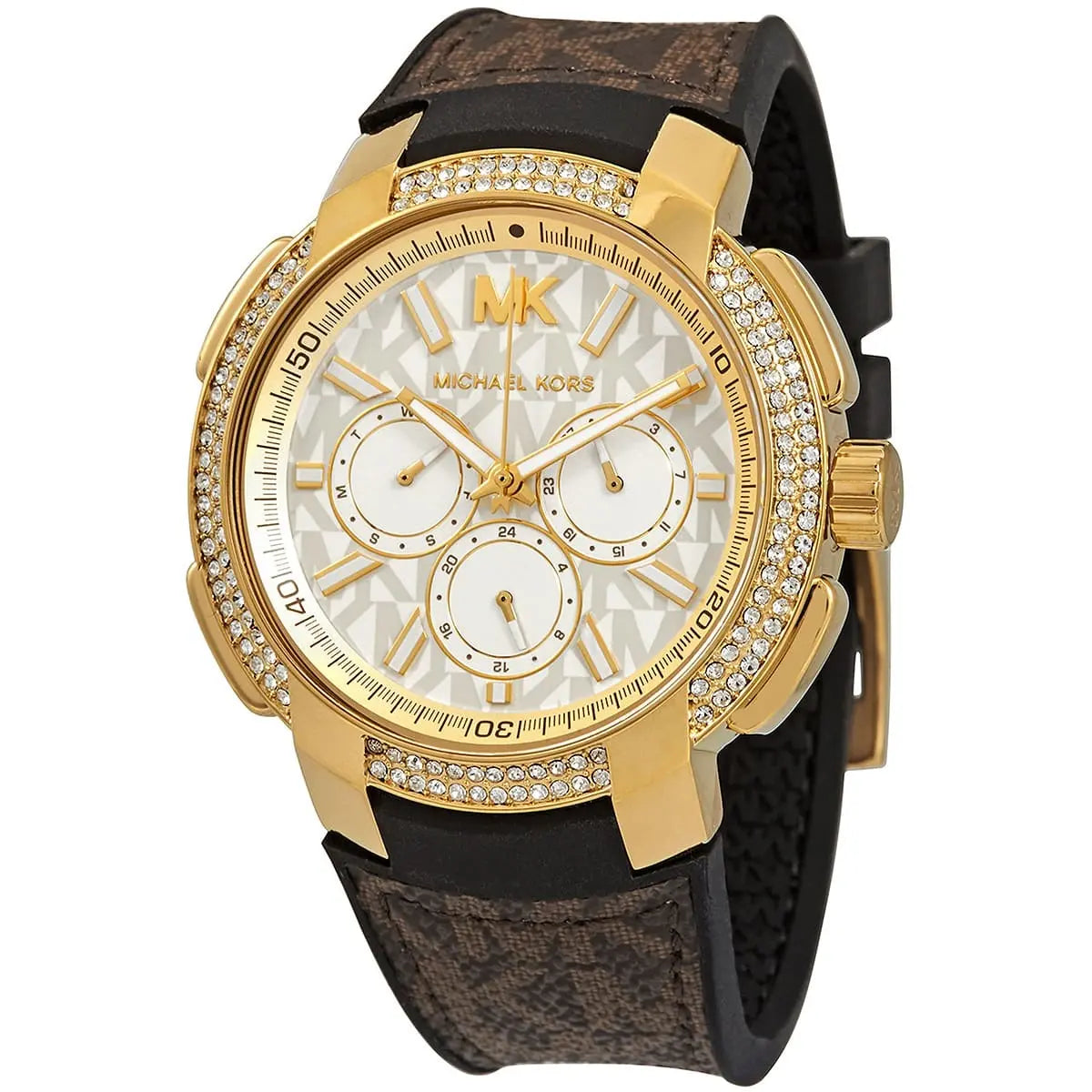Close-up of Michael Kors MK6948 silver chronograph dial with brown strap