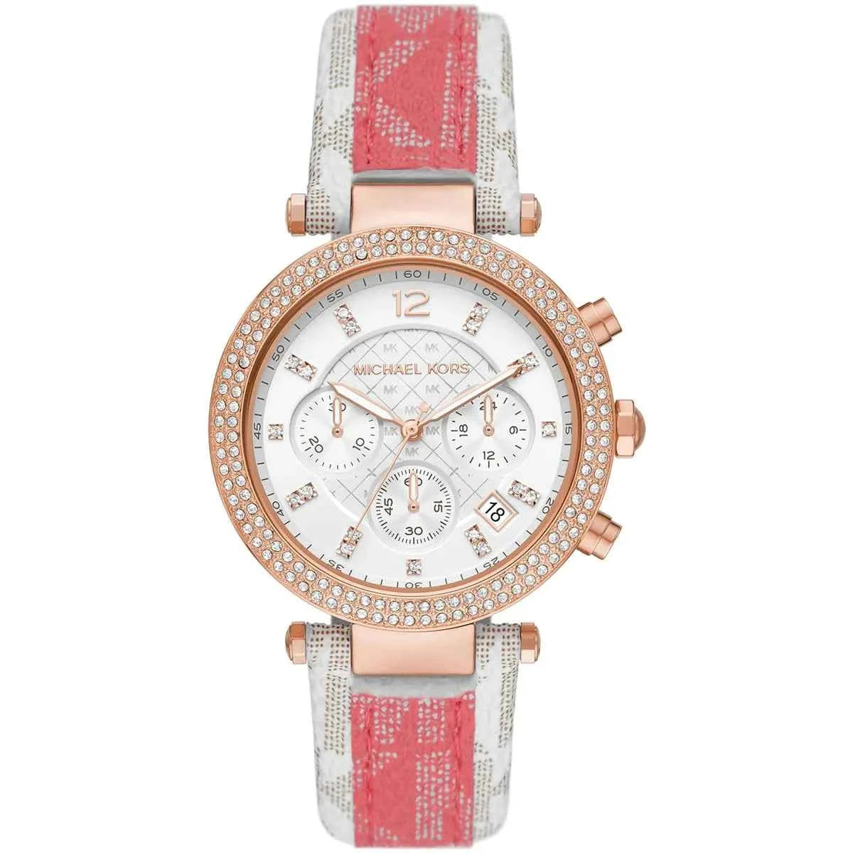 Michael Kors Parker MK6951 Women's White Dial Pink & White Polyurethane Strap Watch