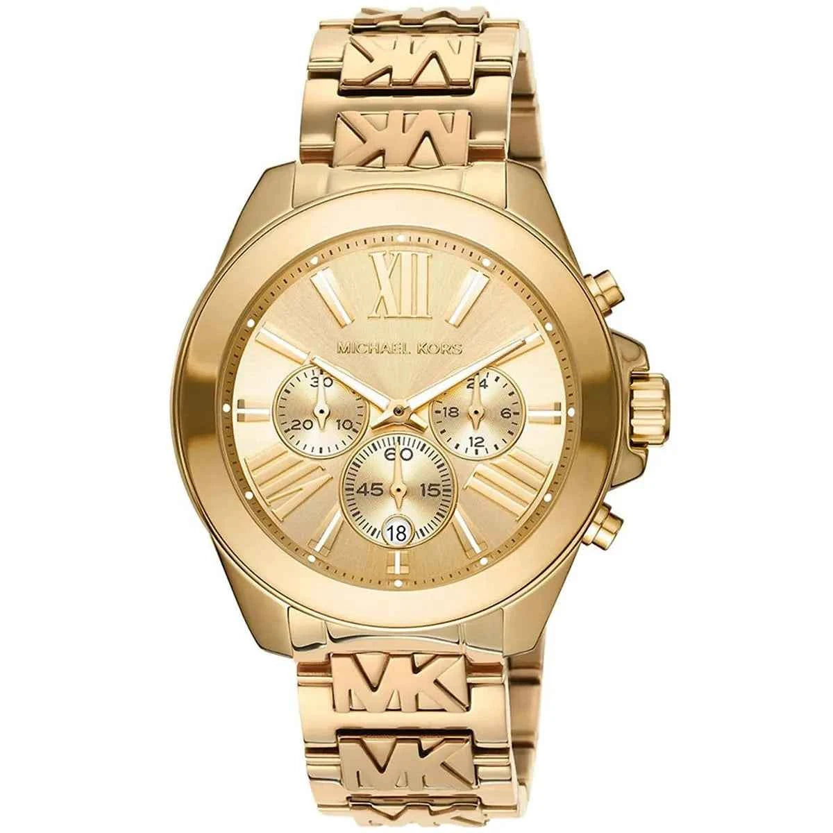 Close-up of Michael Kors MK6952 gold chronograph dial with date display