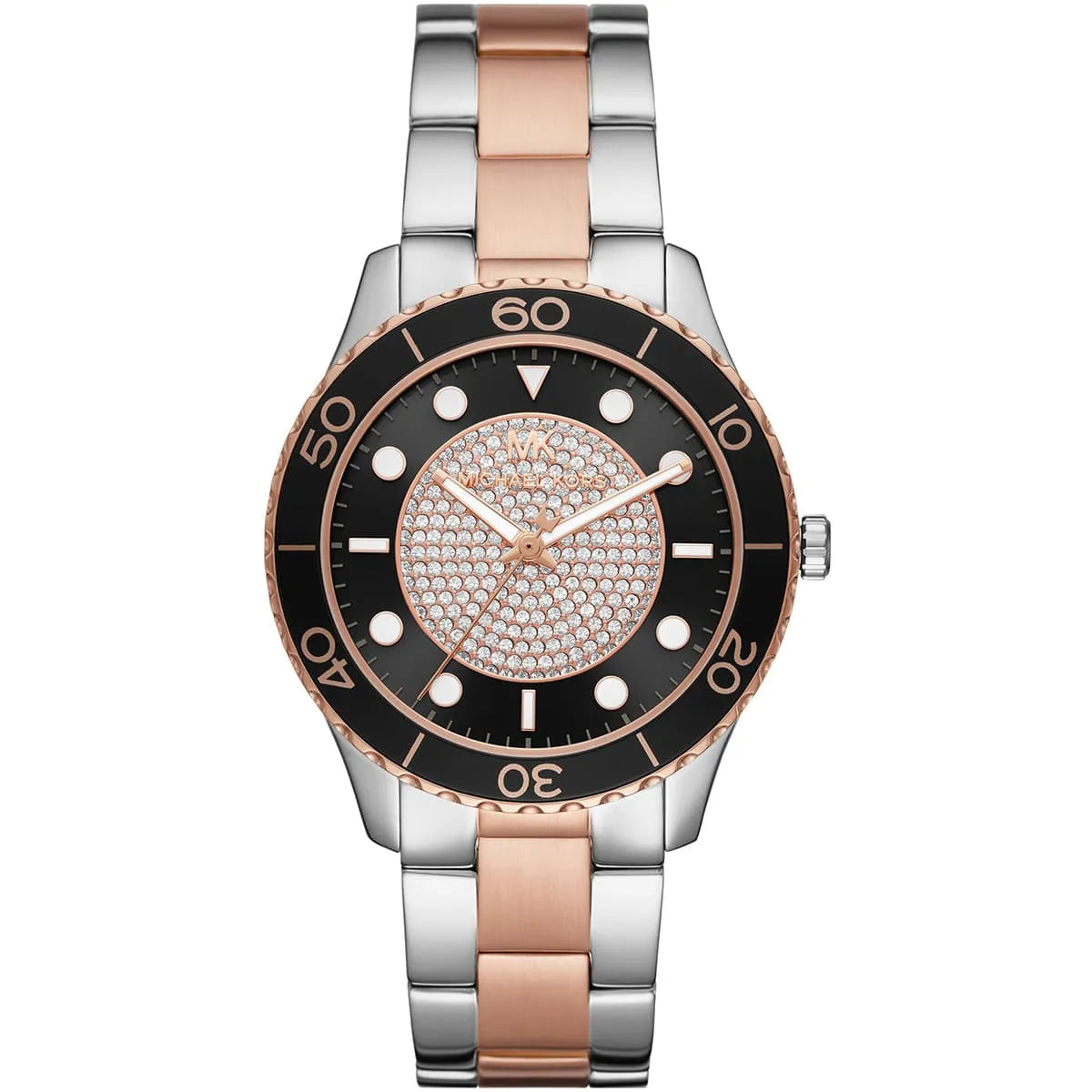 Michael Kors Runway MK6960 women's black and rose gold dial two-tone stainless steel watch front view