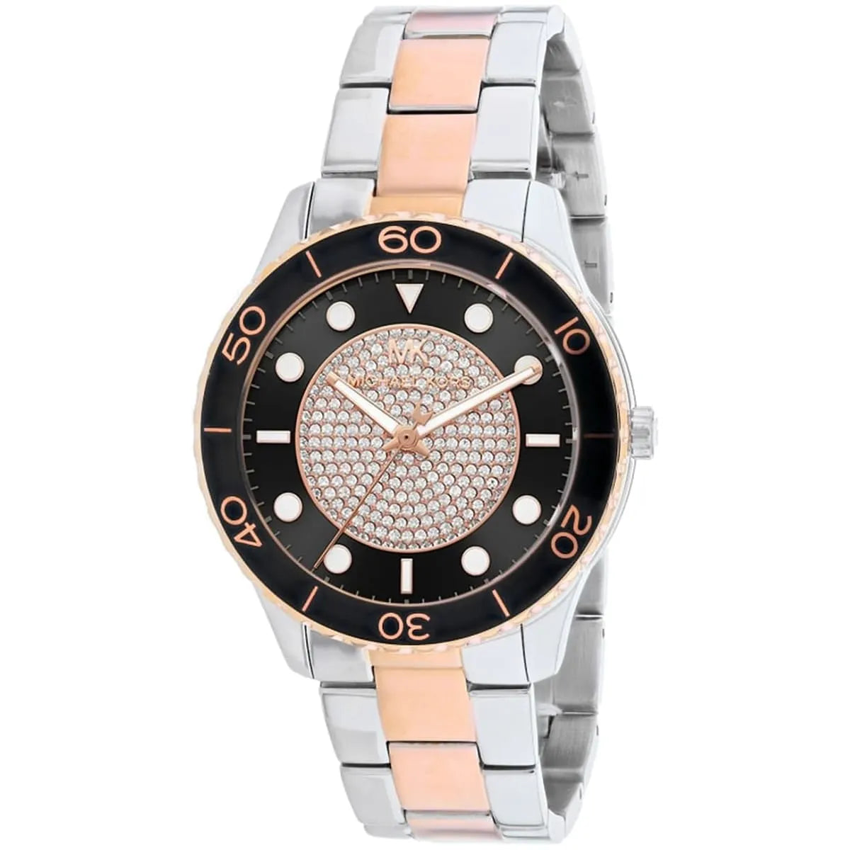Close-up of Michael Kors MK6960 black and rose gold analog dial