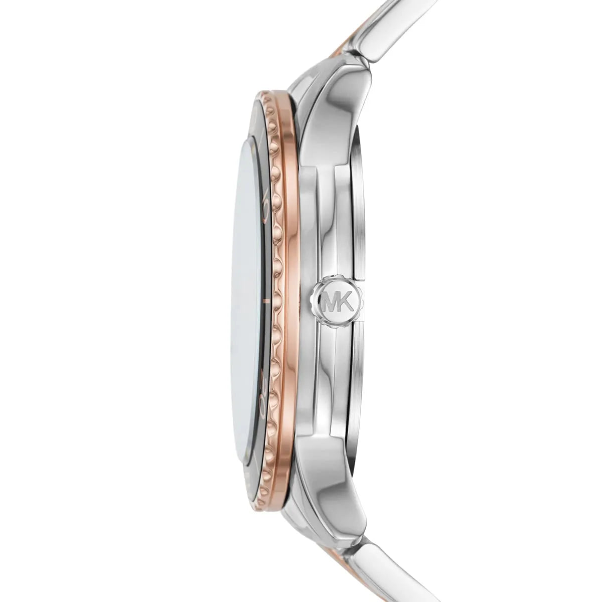 Side profile of Michael Kors Runway MK6960 silver and rose gold stainless steel bracelet watch