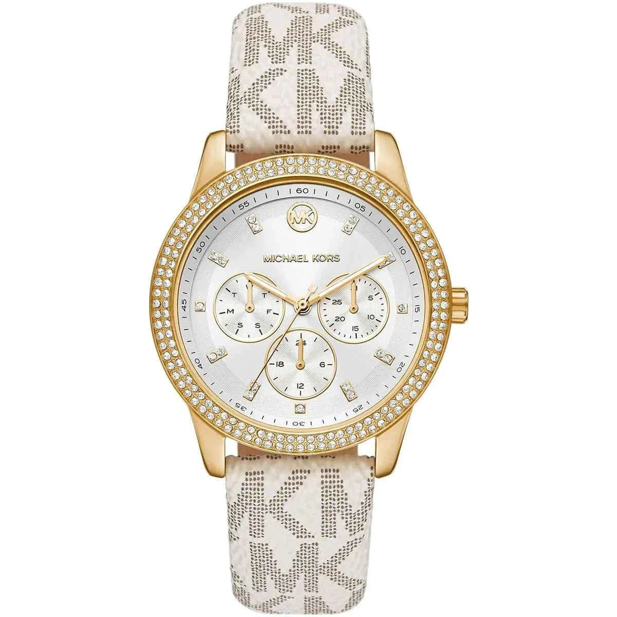 Michael Kors Tibby MK6967 women's white dial white leather strap watch front view
